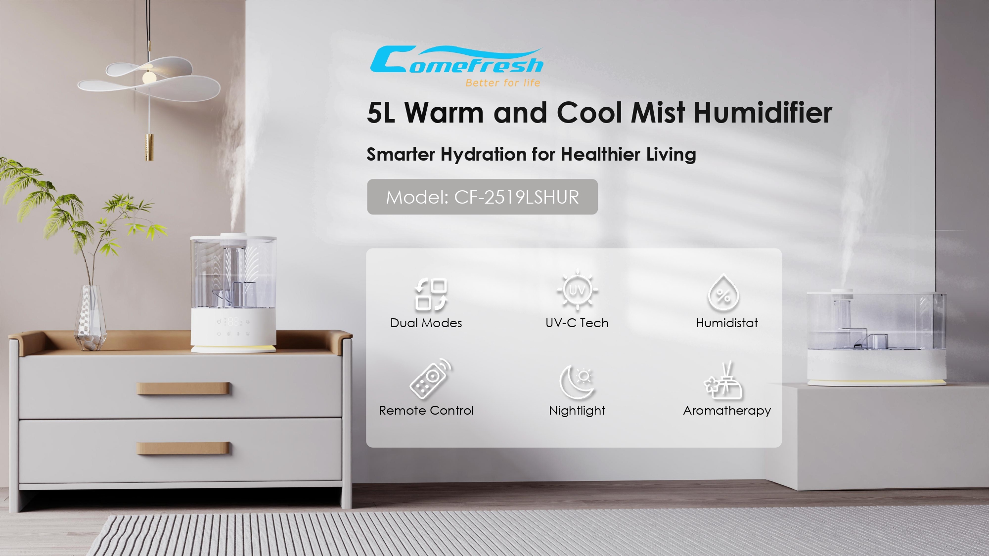Humidificador de 5L amb disseny d'ompliment superior, broquet de 360° fàcil de netejar i baix consum d'energia