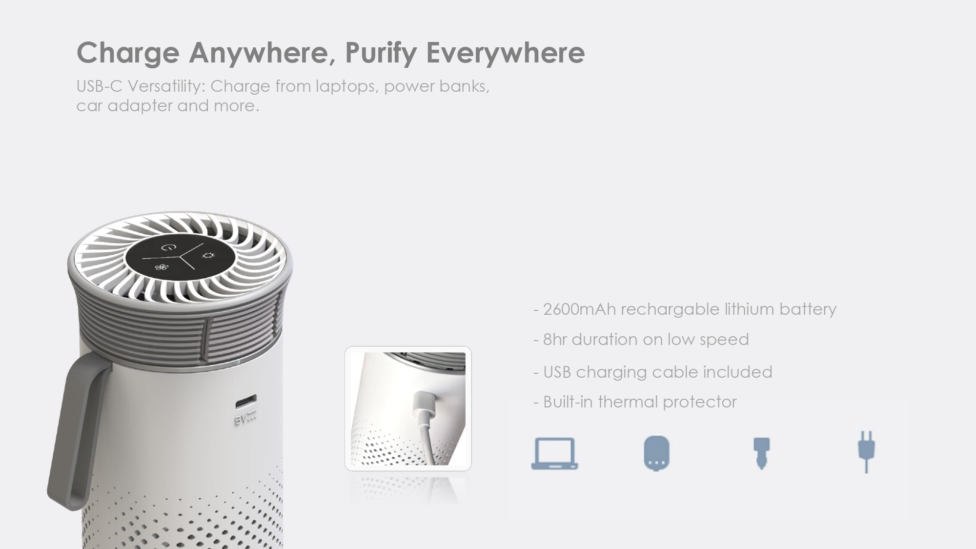 mini Air Purifier for Car Cordless HEPA Filter for Home Office AP-C1010UBL