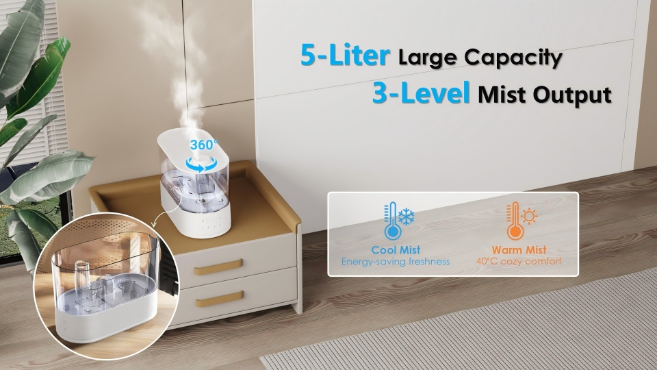 China Humidifier Manufacturer 5L Top Fill Humidifier, Easy Refill Design, Dual Mist, 50H Runtime, UV-C, Humidistat, Night Light
