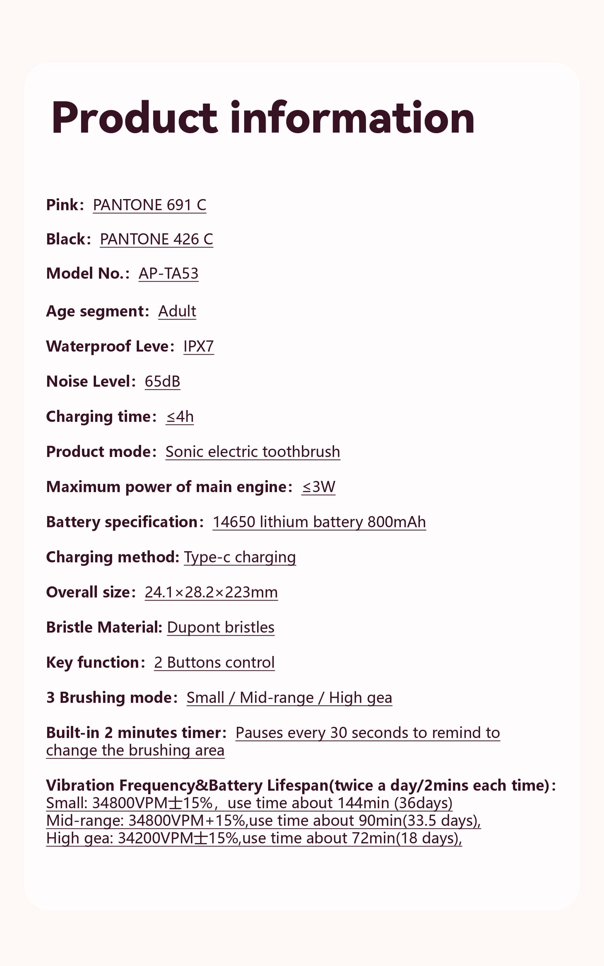 Electric Toothbrush Supplier for Adults Ultrasonic Toothbrush 34800VPM 4 Modes IPX7 Waterproof AP-TA53