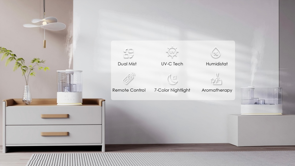 Large Capacity 5L Humidifier, Smart APP & Remote Control, Dual Mist, Auto Mode with Humidity Sensor, UVC, Quiet for Baby Room